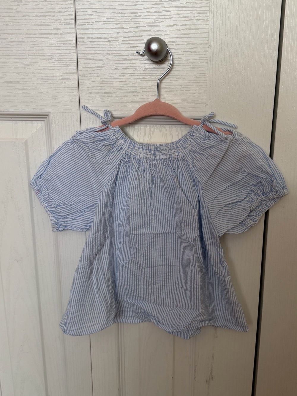 Zara Light Blue Pinstripe Tie-Shoulder Blouse